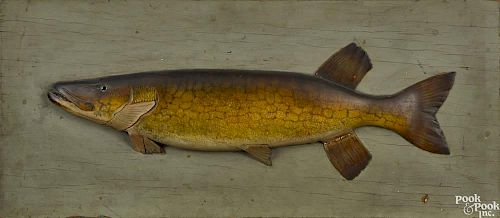 Carved and painted fish plaque of a pickerel, ca. 1900, inscribed verso Pickerel Weight 4lbs 14oz