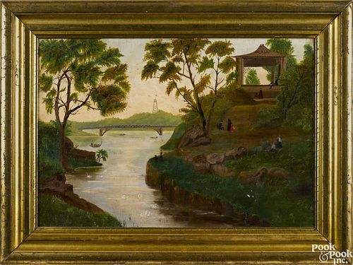 American primitive oil on canvas view of Central Park, 19th c., 15'' x 22 1/2''.