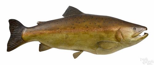 New England carved and painted half model plaque of a salmon, early 20th c., 30'' l.