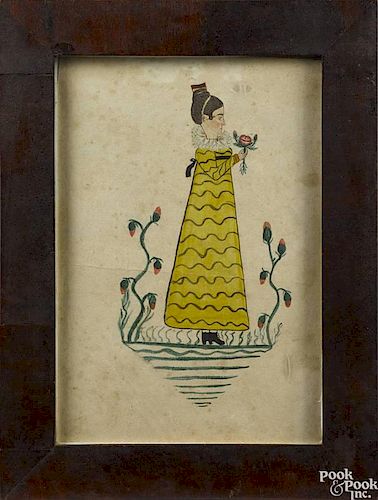 Pennsylvania watercolor folk portrait of a woman, early/mid 19th c., in a yellow dress