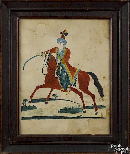 Watercolor on paper of a mounted Turkish horseman, 19th c., probably Pennsylvania