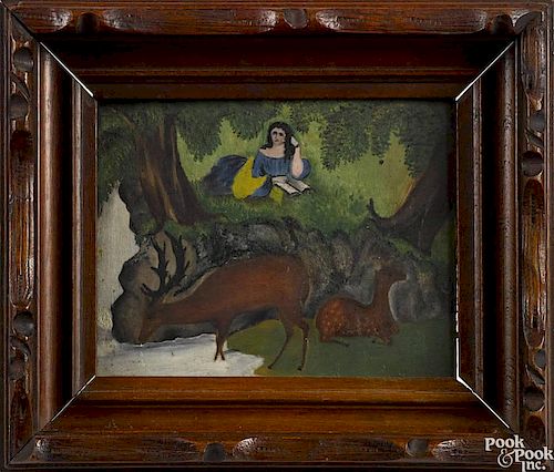 American primitive oil on panel landscape, 19th c., with a woman and two deer, 4 5/8'' x 5 1/2''.