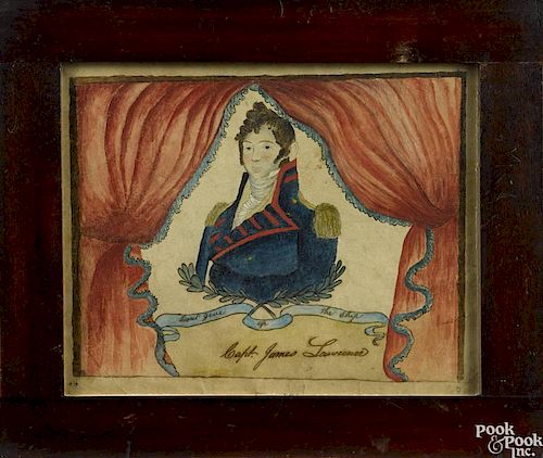 Watercolor on paper bust-length portrait of Captain James Lawrence framed by red curtains