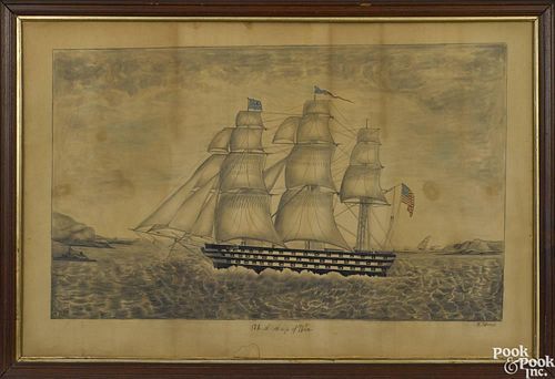Watercolor and pencil seascape, mid 19th c., titled U.S. Ship of War, signed W. Jefferson