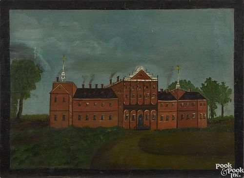 Oil on panel view of an institutional building, mid 19th c., with three bays, a tower