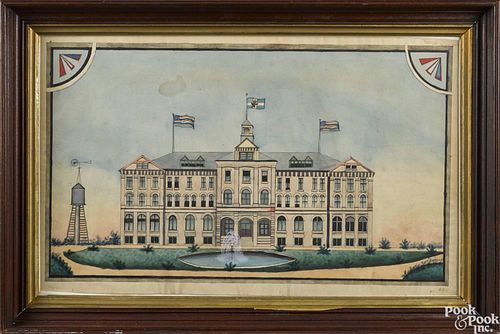 American watercolor on paper view of the Baltimore Seminary, late 19th c., 15'' x 24''.