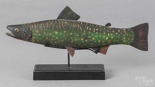 American carved and painted trout, early 20th c., probably Maine, with yellow spots, metal fins