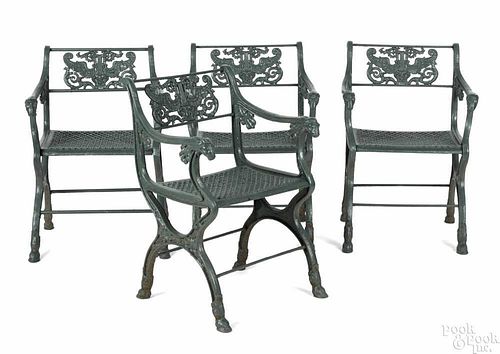 Set of four German Neoclassical cast iron garden seats, late 19th c., designed by Carl Friedrich