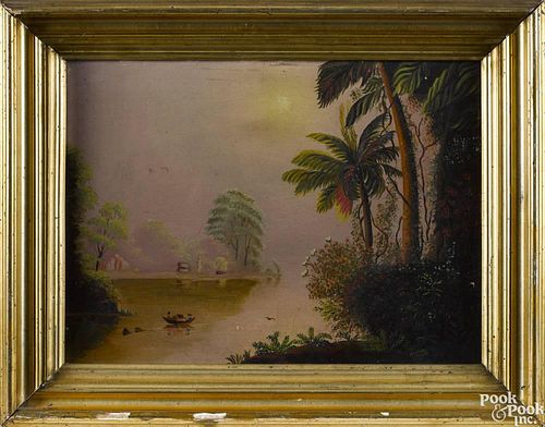 Primitive oil on board tropical landscape, late 19th c., 10'' x 14''.