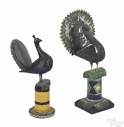 Two carved and painted pine peacocks, late 19th c., possibly Berks County, Pennsylvania