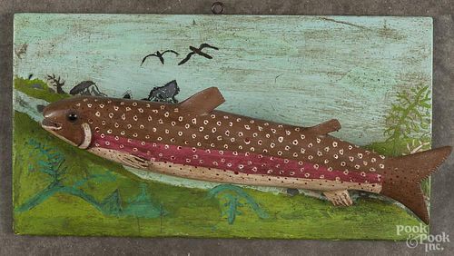 Carved and painted plaque of a trout, 20th c., by Albert Holt, Camden, Maine, 8 5/8'' h., 16'' l.