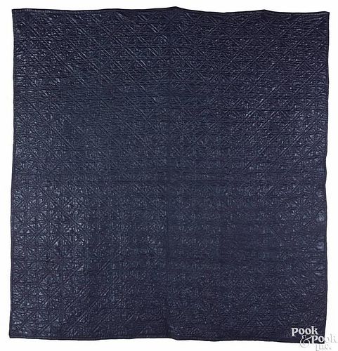 New England blue calamanco quilted bed cover, ca. 1780, 92'' x 89''. Provenance: America Hurrah