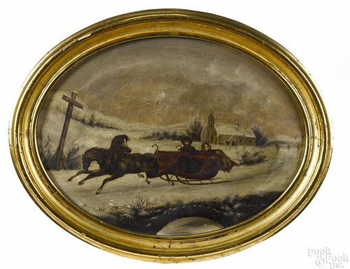 Oil on canvas winter sleigh ride, late 19th c., 11 1/2'' x 16''.