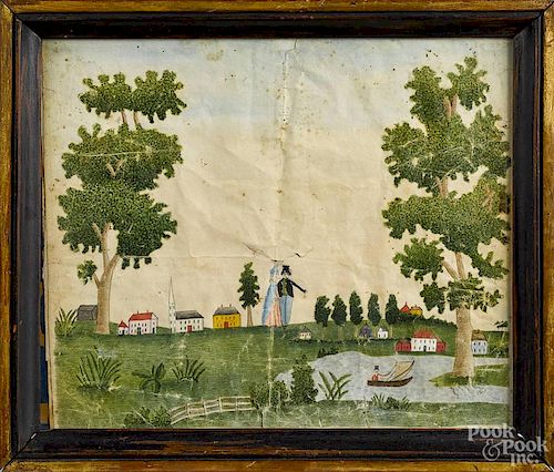 American folk art watercolor landscape with a town and a couple overlooking a figure sailing