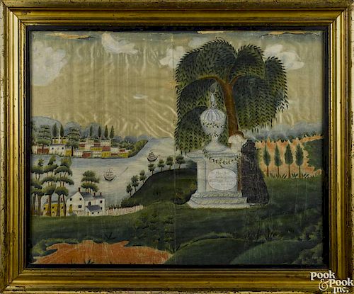 New England watercolor on silk memorial, early 19th c., for Mrs. Mary Booth, died April 15, 1805