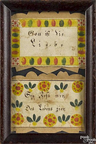 Pennsylvania watercolor fraktur bookplate, early 19th c., 5'' x 3'', together with a reward of merit