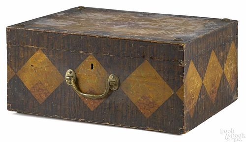 Painted pine and oak lock box, late 19th c.