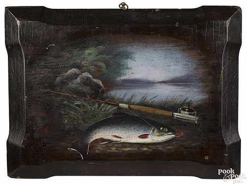 American oil on panel, late 19th c., of a fly rod and trout, 8 3/4'' x 12''.