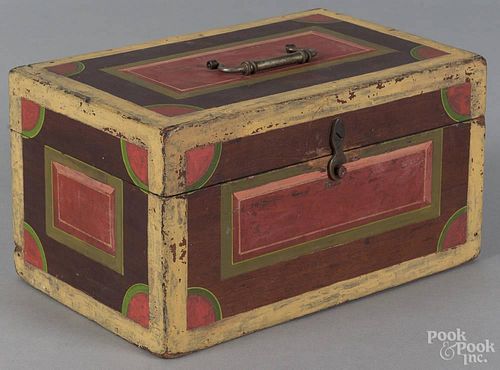 Pennsylvania painted poplar dresser box, 19th c., retaining a later decorated surface, 5 1/8'' h.