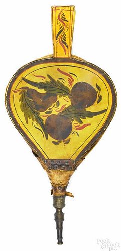 New England painted bellows, mid 19th c., with fruit and floral decoration on a yellow ground