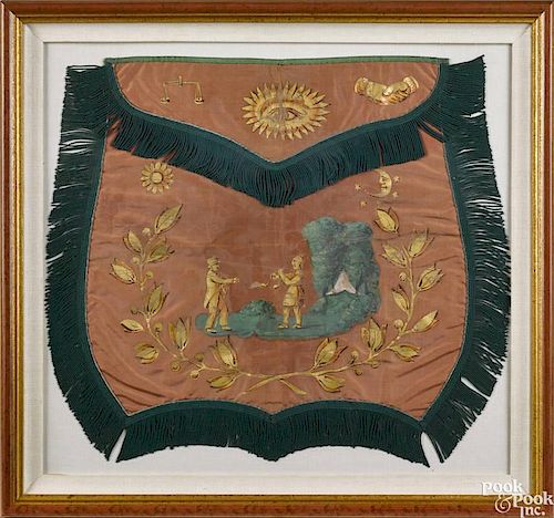 New England painted silk Masonic apron, 19th c., with a central depiction of a Native American