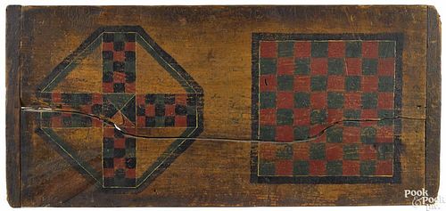 Painted pine double gameboard, 19th c., retaining its original black, red, and green surface