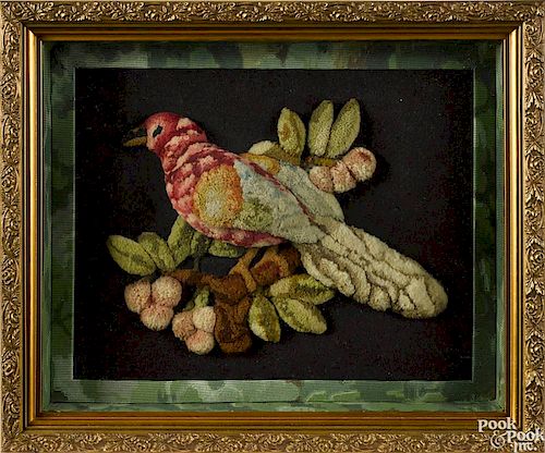 Two Victorian wool puff work pieces in shadow box frames, one with exotic birds