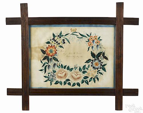 Maryland watercolor floral wreath, signed Alice H. Taubel Fredrick City, May 1857
