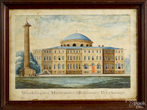 Maryland watercolor view of the Washington Monument & Baltimore Exchange, ca. 1825