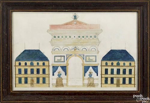 Watercolor and ink on paper, architectural drawing, dated 1819, depicting an arch