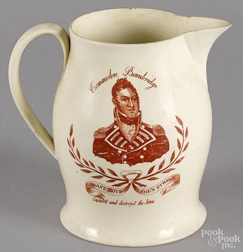 Liverpool Herculaneum earthenware pitcher, early 19th c., with iron red transfer decoration