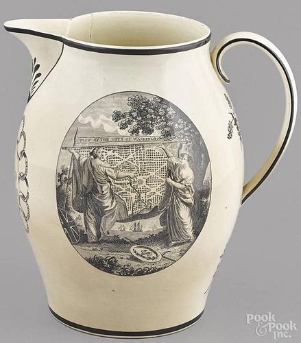 Liverpool Herculaneum earthenware pitcher, early 19th c., with a transfer memorial to Washington