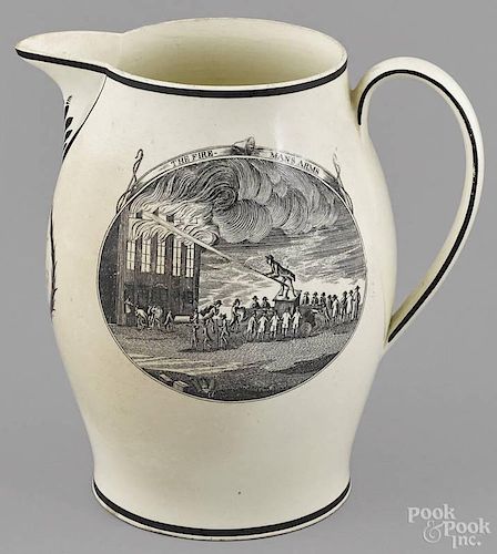 Liverpool Herculaneum pitcher, early 19th c., with a transfer decoration of the Fireman's Arms