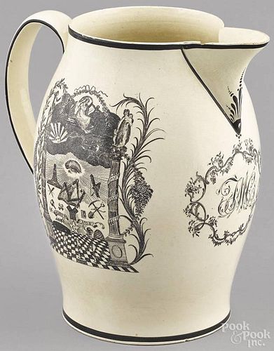 Liverpool Herculaneum pitcher, early 19th c., decorated on one side with an American frigate