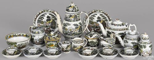 Pearlware Salopian tea service, 19th c., in the ''double deer'' pattern, to include two teapots