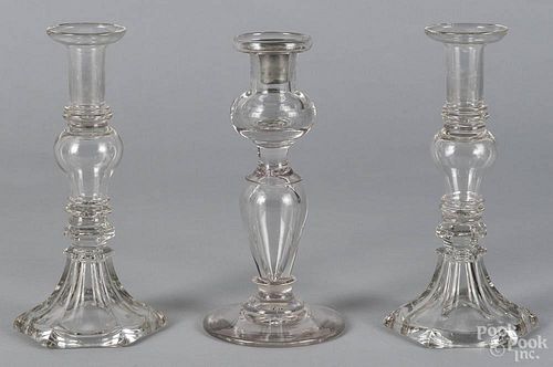 Pair of Sandwich colorless glass candlesticks, mid 19th c., 10'' h.