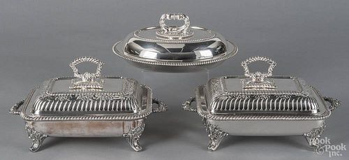 Pair of silver plated covered entrée dishes with warming inserts, 7 1/2'' h., 13 1/2'' w.