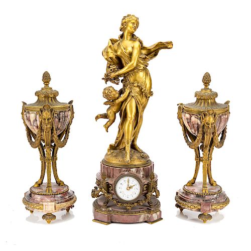Napoleon III Rouge Marble/Bronze Clock Garniture