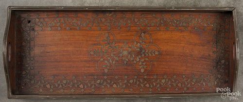 Anglo-Colonial brass and copper inlaid mahogany tray, 19th c., 22'' x 8 7/8''.