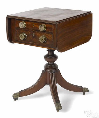 Baltimore Sheraton mahogany dropleaf work stand, ca. 1815, with two drawers, reeded legs