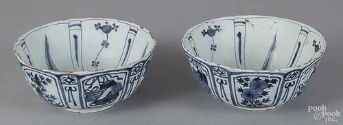 Pair of English tin glazed Delft blue and white bowls, mid 18th c., decorated in the Wan-Li style