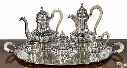 Italian sterling silver six-piece tea and coffee service by Peruzzi, to include a coffee pot