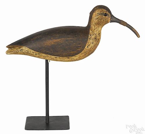 Reggie Birch, carved and painted curlew shorebird decoy, signed on underside, 15'' l.
