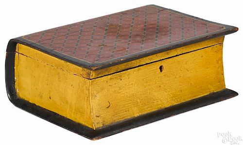 New England carved and painted book-form box, 19th c., retaining its original polychrome surface