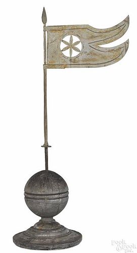 Painted sheet tin, iron, and turned wood finial, 19th c., with a flag bearing a pierced pinwheel