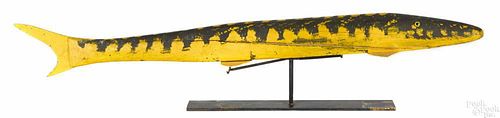 Large carved and painted fish decoy, mid 20th c., with aluminum fins and tail, 41 1/2'' l.