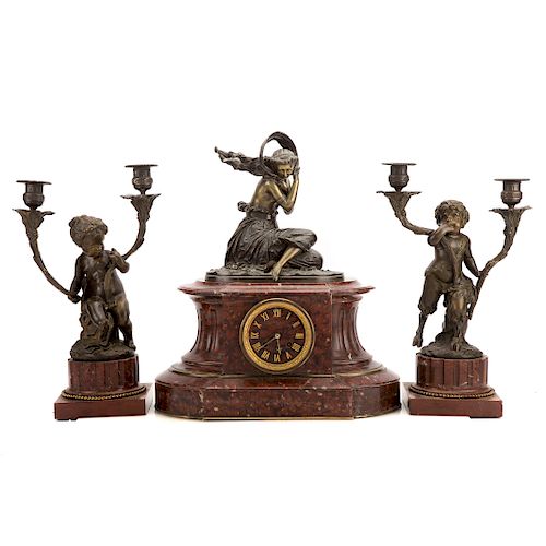 Louis XVI Style Marble and Bronze Clock Garniture