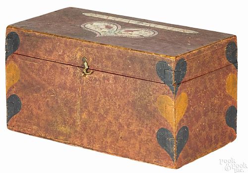 Pennsylvania painted pine dresser box, early 19th c., retaining a later sponge decorated surface