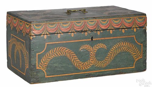 Massachusetts painted pine lock box, 19th c., retaining a later polychrome decorated surface, 8'' h.