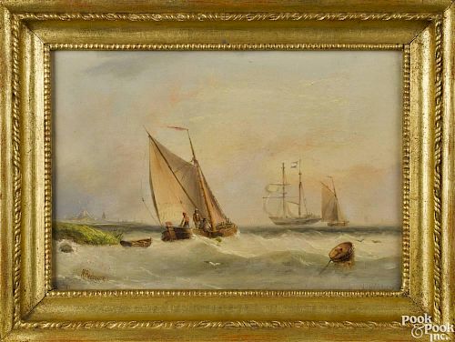 Henry Redmore (English 1820-1887), oil on artist board seascape of fishing smacks